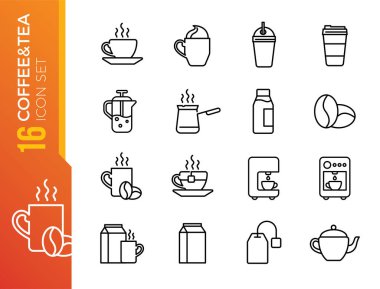 Kahve ve çay çizgisi ikonları. Cappuccino, Teapot ve Coffee Feepot. Kahve çekirdekleri doğrusal ikon seti. Kalite çizgisi ayarlandı.