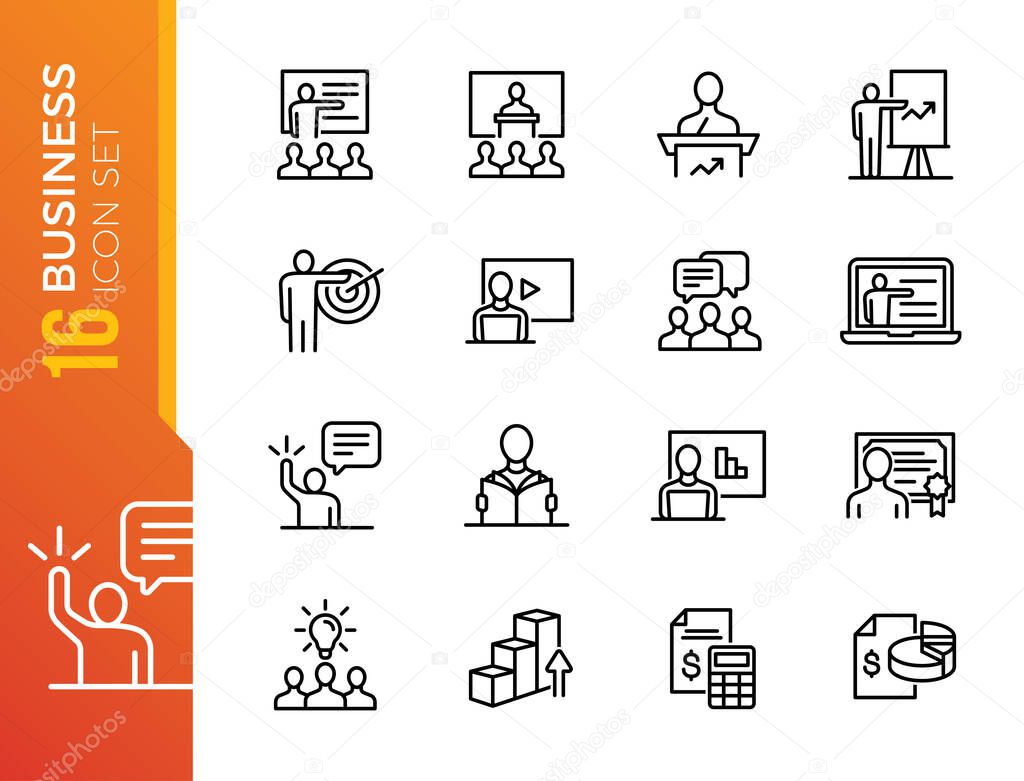 Simple Set of Business Training Related Vector Line Icons. Contains such Icons as Presentation, Class, Mentoring and more.
