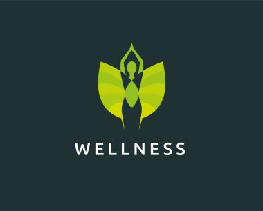 Yoga logosu tasarımı. Nilüfer çiçeği vektör illüstrasyonunda insan meditasyonu mor renkte