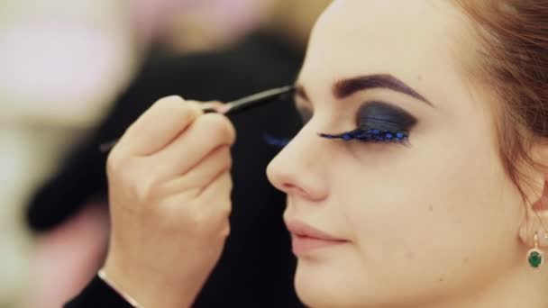 Maquillador aplica maquillaje a modelo — Vídeo de stock