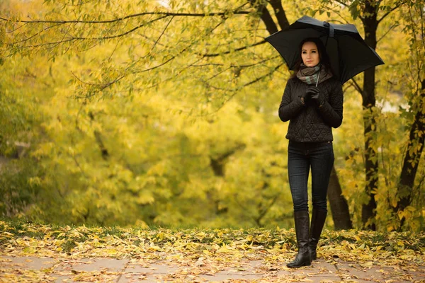 一个女孩走在秋季公园的雨伞下 — 图库照片