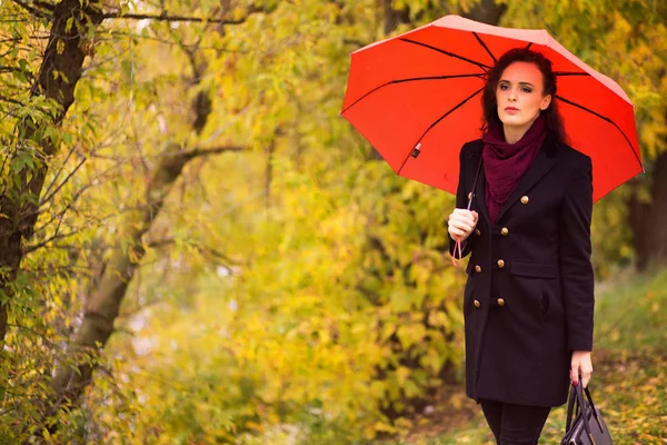 Dziewczyna idzie w parku jesień pod parasolem — Zdjęcie stockowe