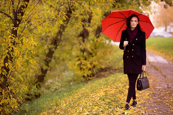 Ένα κορίτσι περπατά στο Φθινοπωρινό πάρκο κάτω από την ομπρέλα — Φωτογραφία Αρχείου