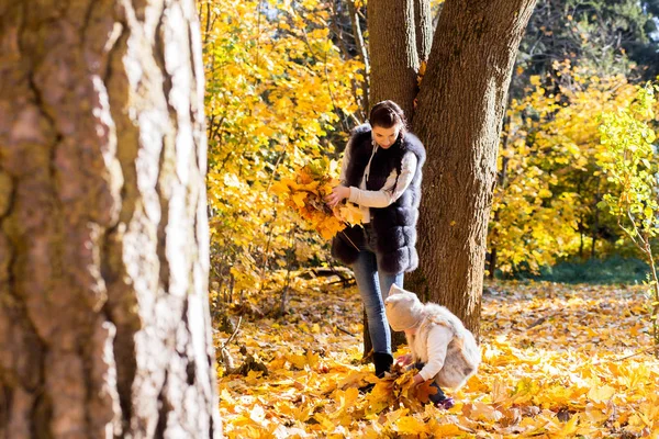 Foto Mamá Hija Arrojar Las Hojas Otoño Hacia Arriba —  Fotos de Stock