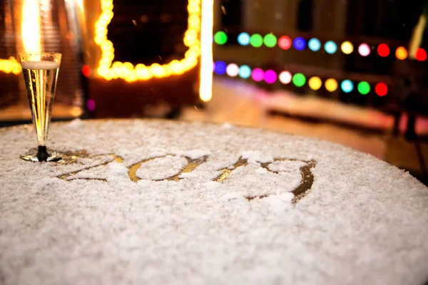 Photo Glass Champagne Inscription Table — Stock Photo, Image