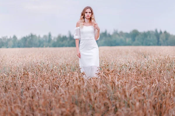 Novia en un vestido blanco posando sobre un fondo de trigo —  Fotos de Stock