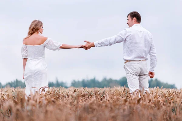 Novia y novio tomados de la mano en el fondo de un campo de trigo —  Fotos de Stock