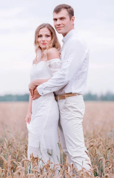 Bride and groom posing against the backdrop of a wheat field — Stock Photo, Image