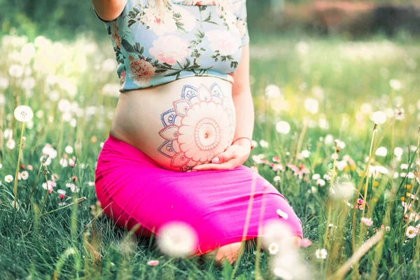 孕妇与梅伦迪模式在她的肚子上坐在田地与蒲公英 — 图库照片