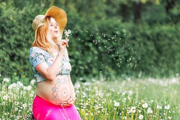 Femme enceinte avec motif mehendi sur les coups de ventre sur le pissenlit — Photo