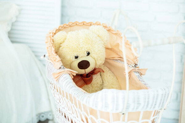 игрушечный плюшевый мишка лежит в коляске
