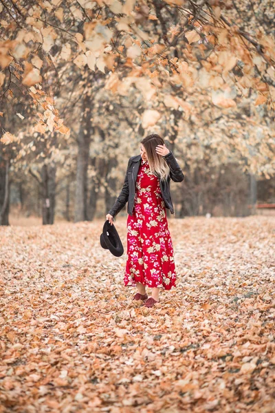 Όμορφο κορίτσι με ένα κόκκινο φόρεμα και μαύρο μπουφάν περπατάει στο πάρκο του φθινοπώρου — Φωτογραφία Αρχείου
