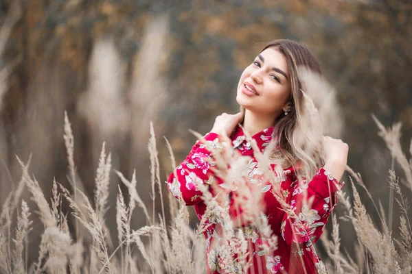 Hermosa chica en un vestido rojo camina entre la hierba alta en el campo —  Fotos de Stock