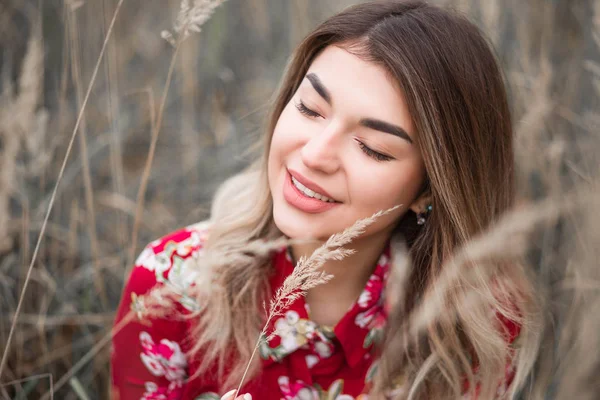 Portrait of a beautiful brunette girl among the high grass — Stock Photo, Image