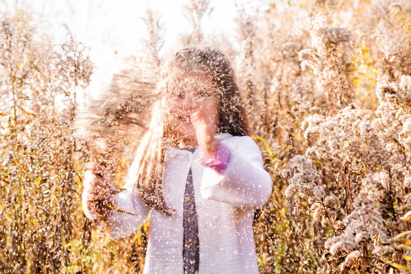 Una niña pequeña tiene un ramo de hierba de otoño en sus manos, de la que se dispersa pelusa —  Fotos de Stock