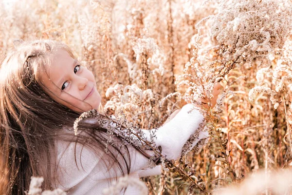 Bonne petite fille posant parmi les plantes sèches jaunes d'automne — Photo