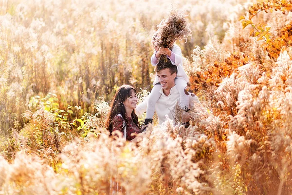 Familia feliz posando entre las plantas secas amarillas de otoño —  Fotos de Stock