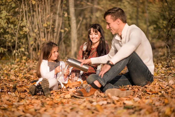 Family picnic in the autumn park. Family drinking tea — Stock Photo, Image