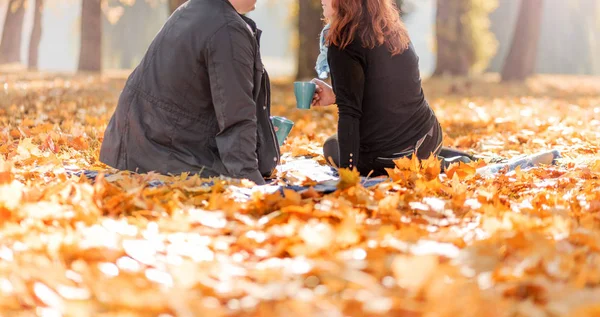 Una pareja amorosa - un hombre y una mujer - pasan tiempo juntos en el parque de otoño, beben té —  Fotos de Stock