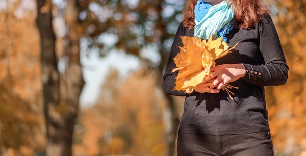 Bouquet de feuilles d'automne entre les mains des femmes — Photo