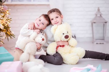 Sevgili kız ve erkek kardeş yeni yıl hediyelerinin ve Noel ağacının yanında oturup kameraya bakıyorlar..