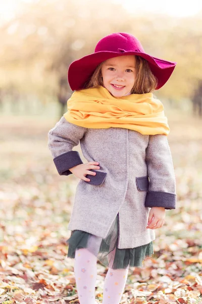 Belle Petite Fille Dans Manteau Gris Une Écharpe Jaune Chapeau — Photo