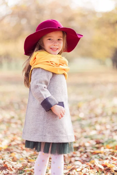 Belle Petite Fille Dans Manteau Gris Une Écharpe Jaune Chapeau — Photo