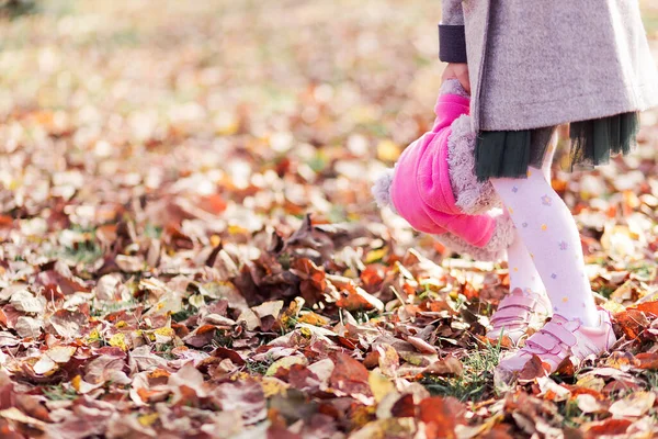 Beyaz taytlı, elinde oyuncak ayıyla sonbahar parkında yürüyen küçük bir kız. Bacaklar yakın. Yatay fotoğraf