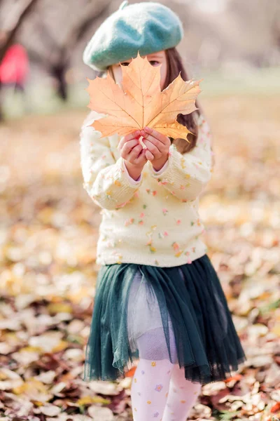 Hermosa Niña Una Boina Suéter Amarillo Falda Tul Verde Parque — Foto de Stock