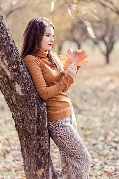 Güzel bir esmer kadın, pantolon, balıkçı yaka ve elinde bir sonbahar yaprağı ile sonbahar parkında poz veriyor. Başka tarafa bakan bir kadın. Dikey fotoğraf