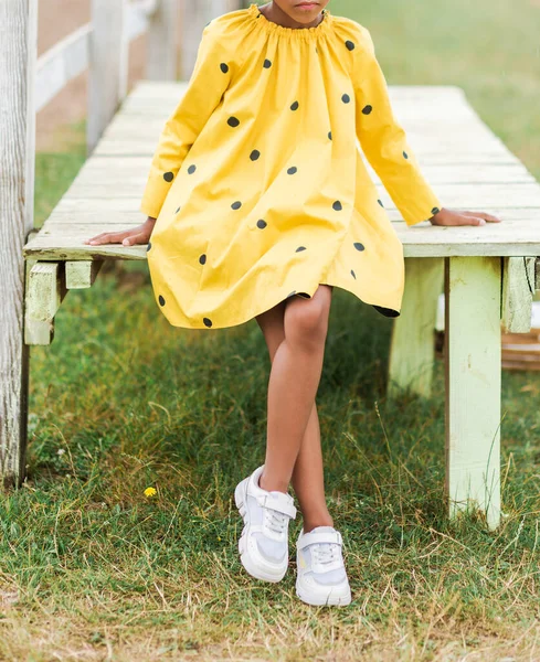 Niña Afroamericana Vestido Amarillo Moda Con Lunares Posando Granja Foto — Foto de Stock