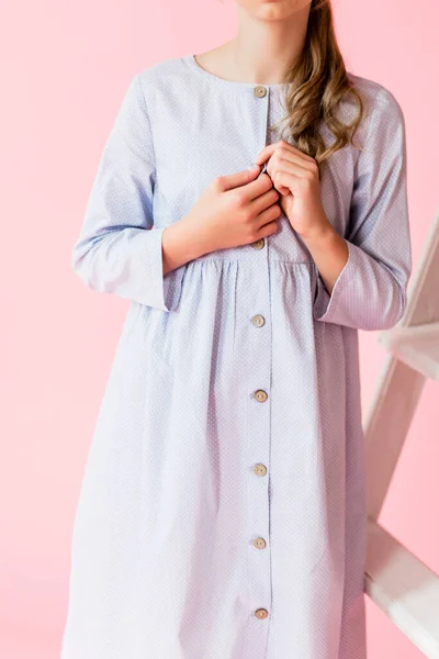 Girl Blue Linen Dress Posing Blue Background Principle Simplicity Environmental — Stock Photo, Image