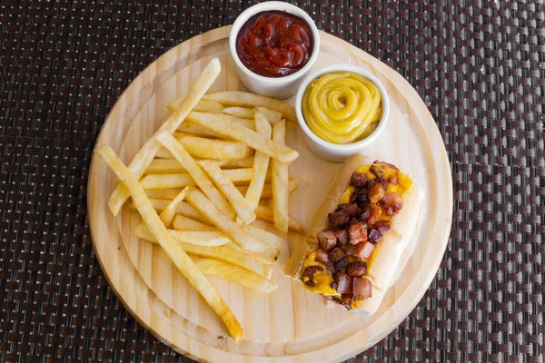 hot dog with fast food menu with potato chips, ketchup and mayonnaise - Image