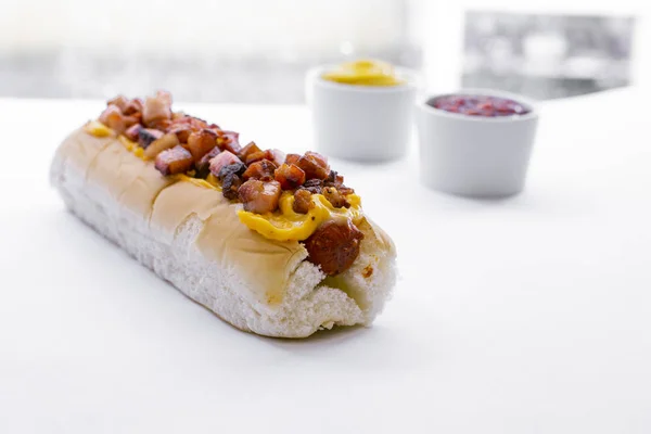 hot dog with fast food menu with potato chips, ketchup and mayonnaise - Image