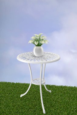 Bir tablo ve bir vazo çiçekleri çimlerin üstünde ile çizimi