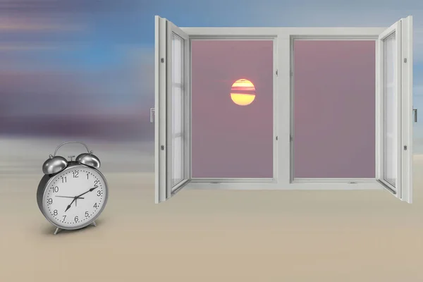 Illustration Eines Weckers Neben Einem Fenster Morgengrauen — Stockfoto