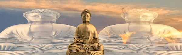 Buddha Arany Háttérben Egy Napfelkeltét Meditáció — Stock Fotó