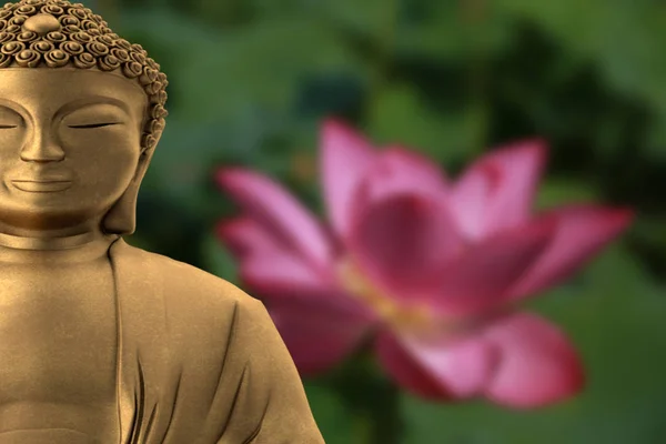 Figur Eines Buddhas Mit Einer Defokussierten Lotusblume — Stockfoto