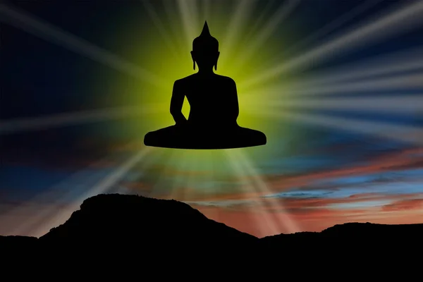 Silhouet Van Boeddha Zwevend Lucht Voor Zon — Stockfoto