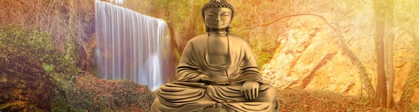 Figure Buddha Waterfall Background Spain — Stock Photo, Image