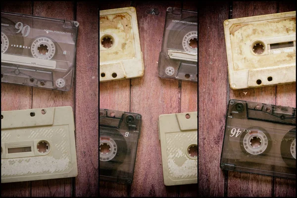 Old Cassette Tapes Wooden Brown Table — Stock Photo, Image