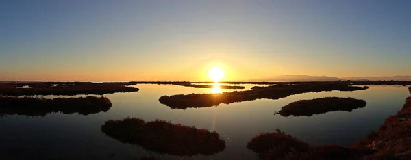 Panorâmica Pôr Sol Delta Del Ebro Estragona Espanha — Fotografia de Stock