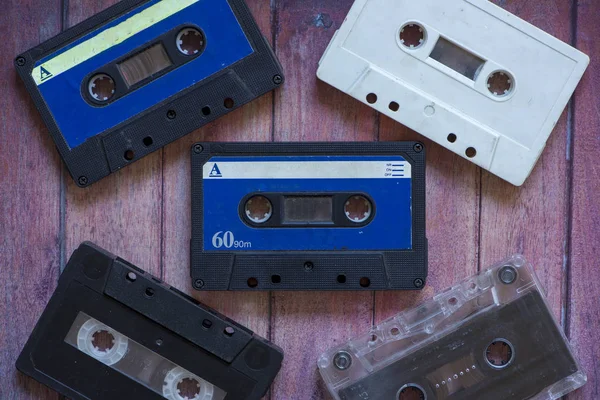 Several Old Analog Cassette Tapes Various Colors Spain — Stock Photo, Image