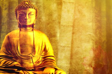 Bambu kamışı yanında meditasyon bir Buda figürü
