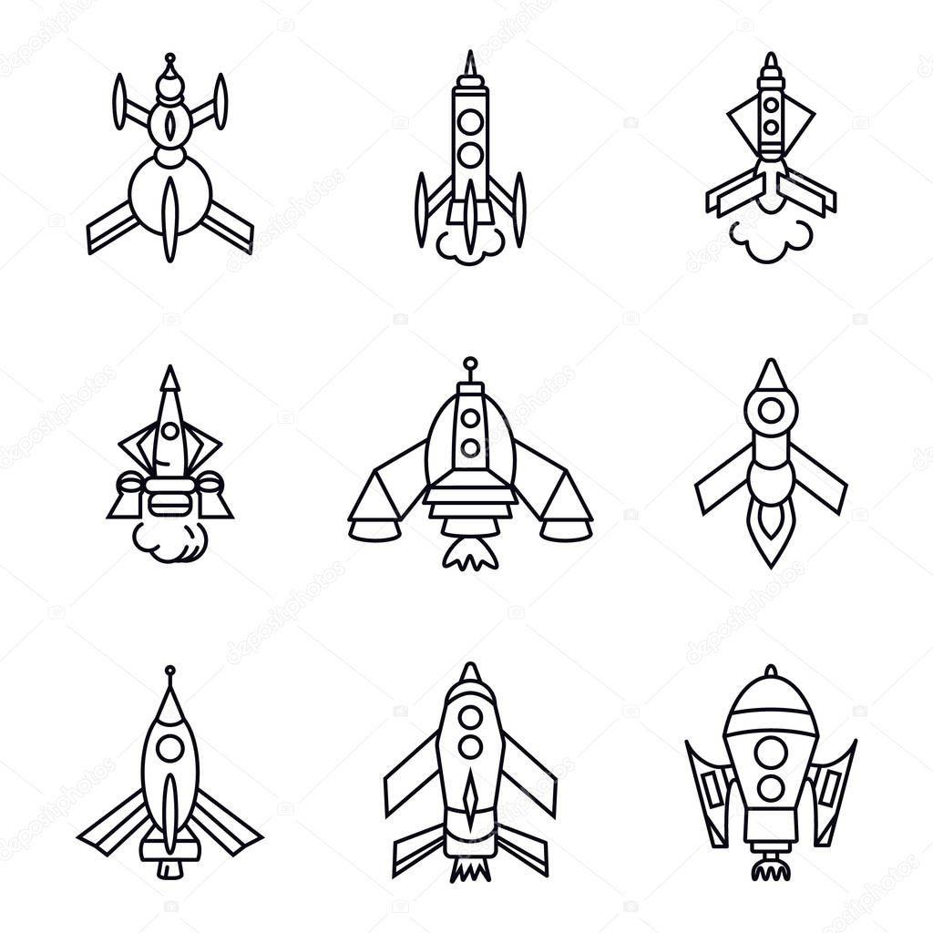 set of rocket icons isolated on white background, flat line art style illustration
