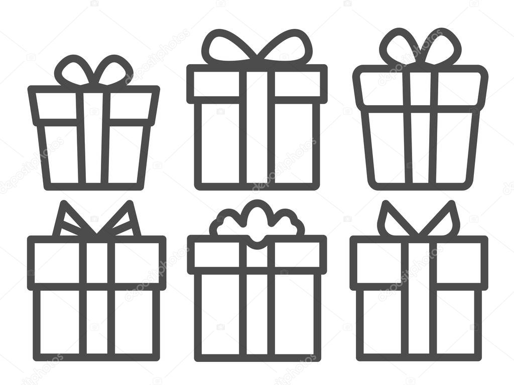 Vector black line Gifts icons set. Vector line icons.