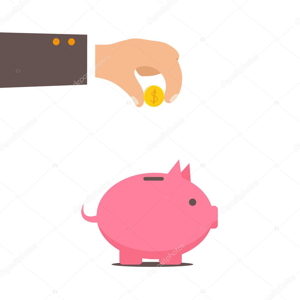 Piggy bank and hand with coin color illustration. Vector business concept.
