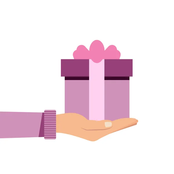 Hand holding or offering gift or present with pink bow. Vector illustration in flat style. — Stock Vector