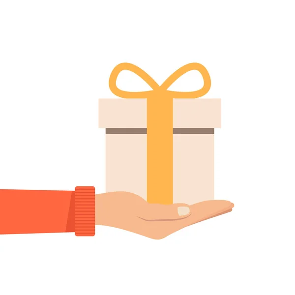Tenuta in mano o offerta regalo con fiocco arancione o regalo. Illustrazione vettoriale in stile piatto . — Vettoriale Stock