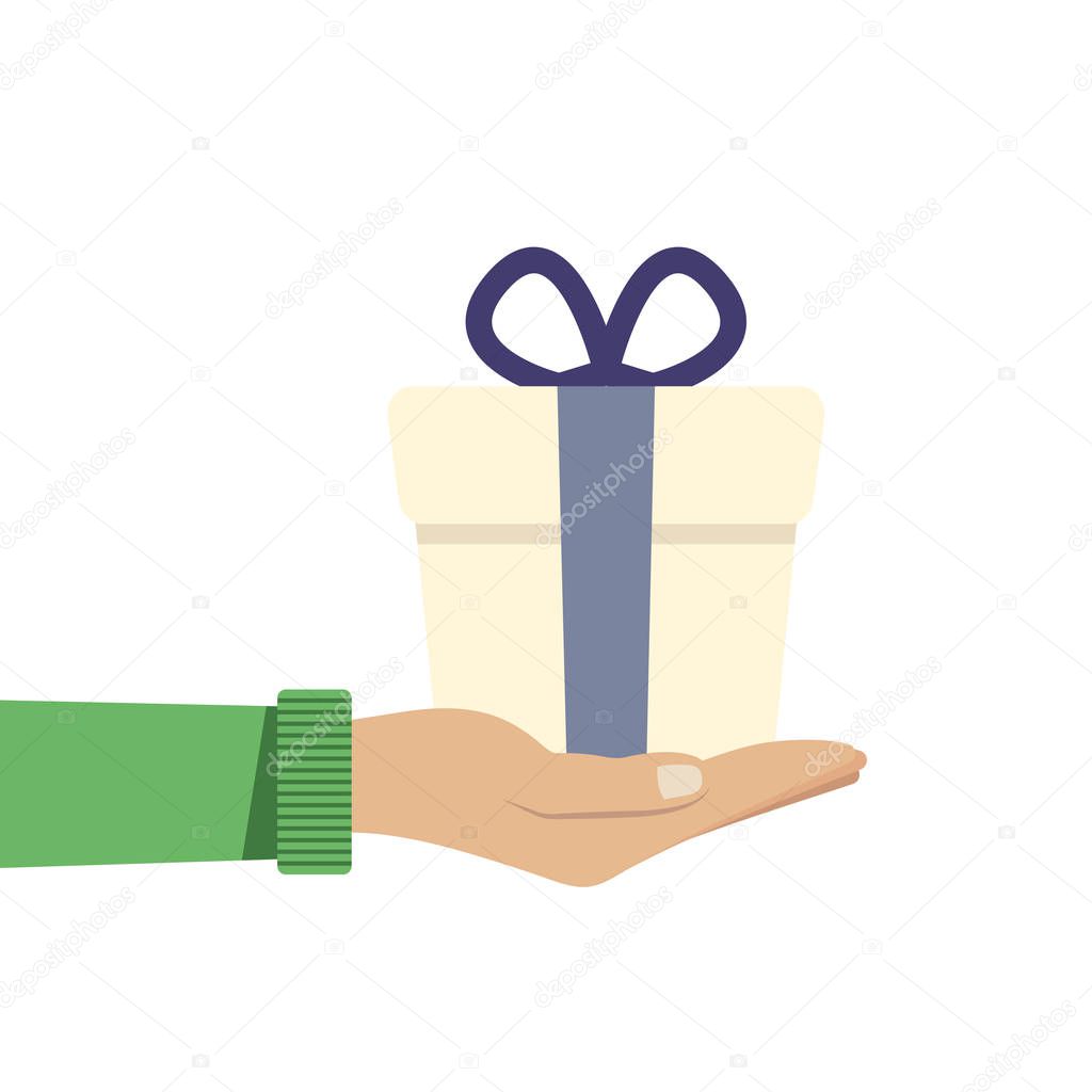 Hand holding or offering gift or present with dark blue. Vector illustration in flat style.